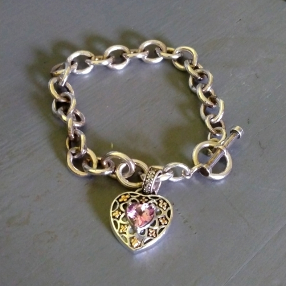 Sadye L Vassir 14 k & Sterling Designer  Diamond & Pink Sapphire Heart Bracelet